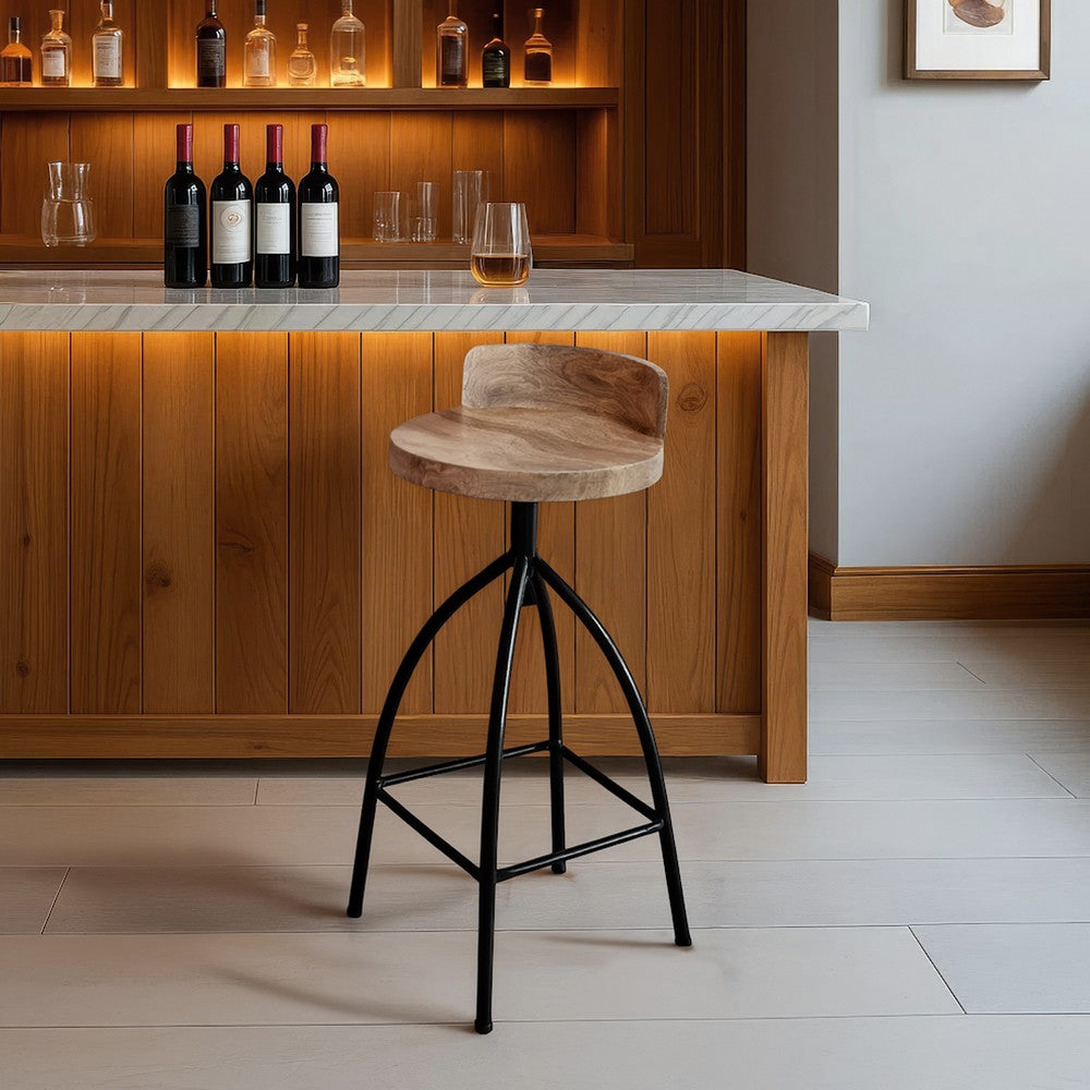 Pia 32-35 Extra Tall Adjustable Barstool, Natural Brown Mango Wood Seat, Black Iron Frame By The Urban Port
