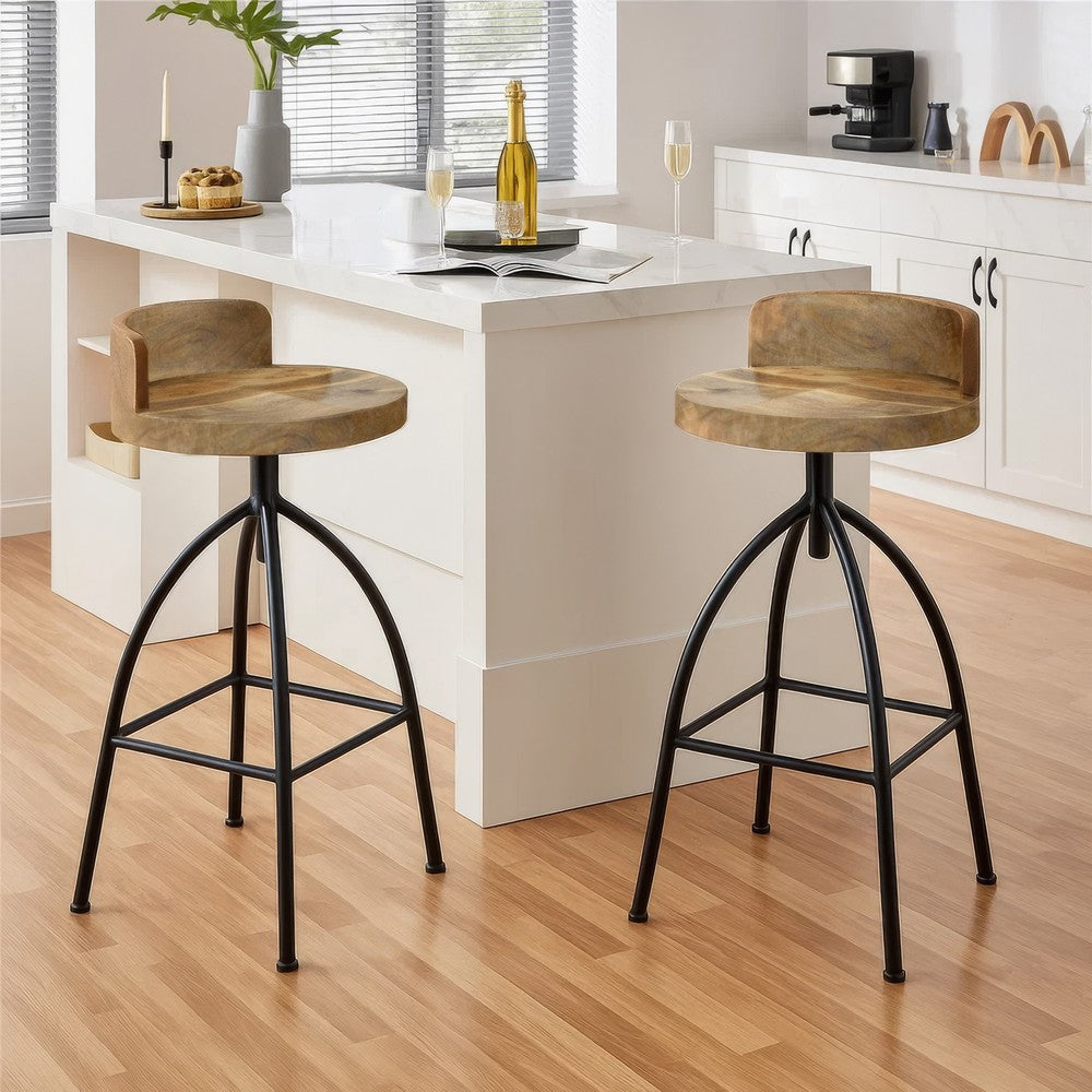 Pia 32-35 Extra Tall Adjustable Barstool, Natural Brown Mango Wood Seat, Black Iron Frame By The Urban Port