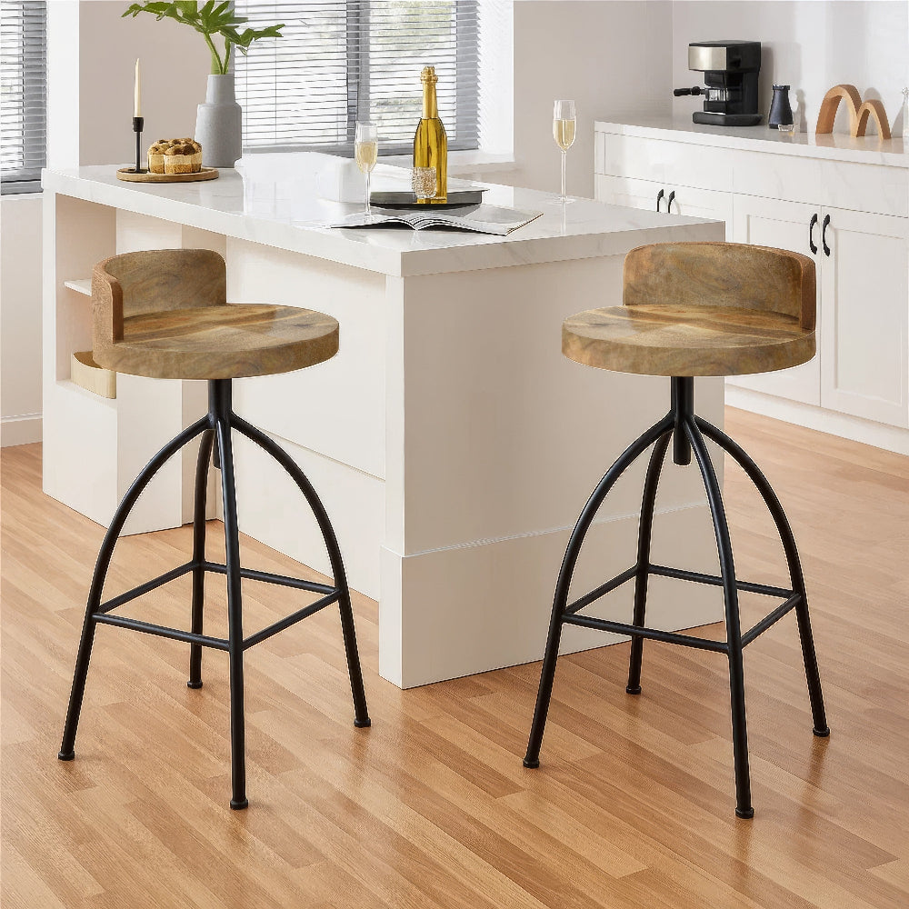 Pia 32-35 Extra Tall Adjustable Barstool, Natural Brown Mango Wood Seat, Black Iron Frame By The Urban Port