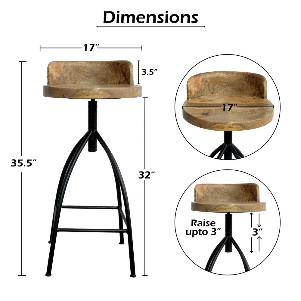 Pia 32-35 Extra Tall Adjustable Barstool, Natural Brown Mango Wood Seat, Black Iron Frame By The Urban Port