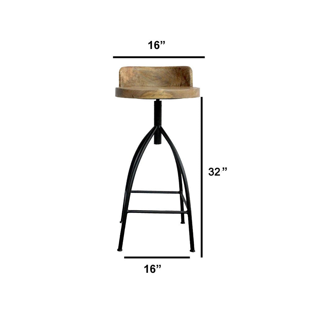 Pia 32-35 Extra Tall Adjustable Barstool Natural Brown Mango Wood Seat Black Iron Frame By The Urban Port