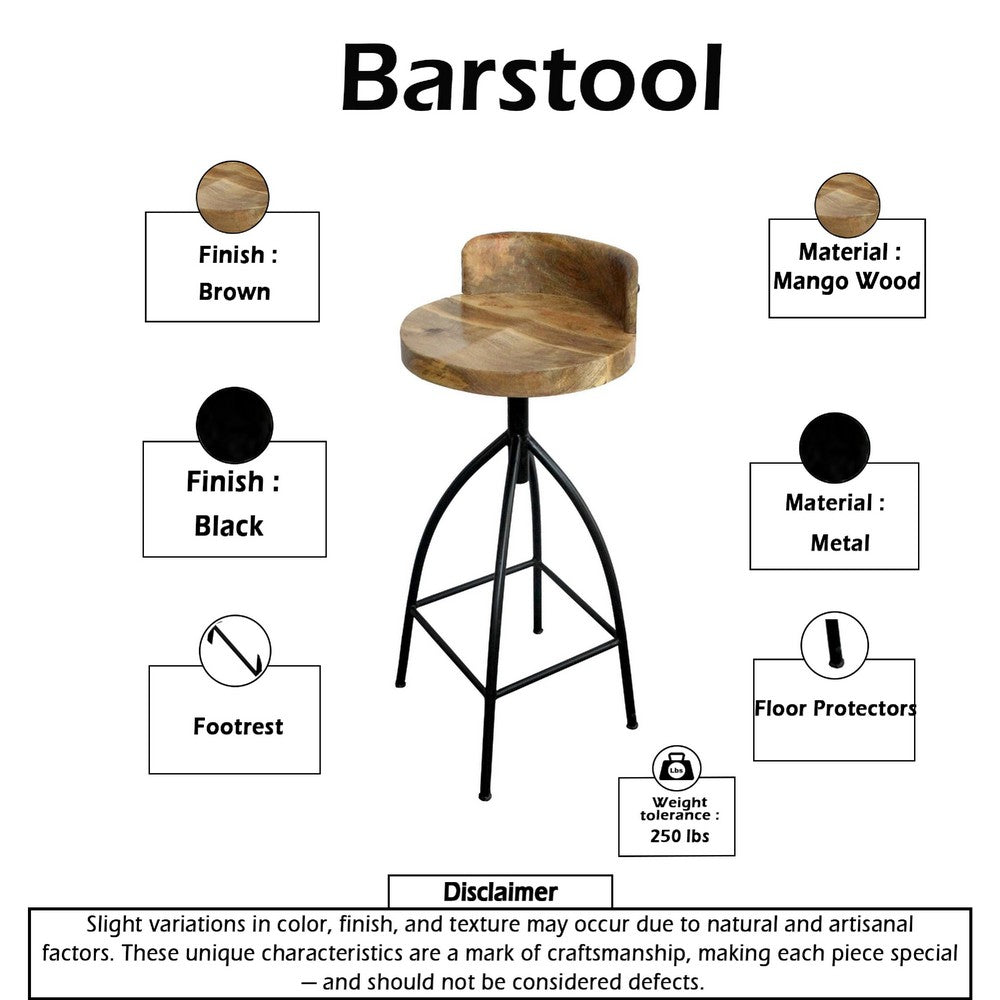 Pia 32-35 Extra Tall Adjustable Barstool, Natural Brown Mango Wood Seat, Black Iron Frame By The Urban Port