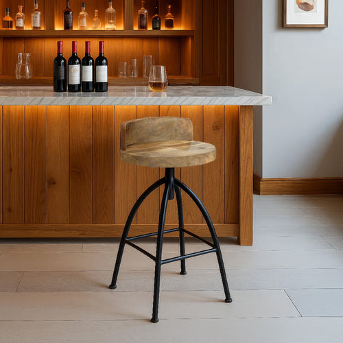 Pia 32-35 Extra Tall Adjustable Barstool, Natural Brown Mango Wood Seat, Black Iron Frame By The Urban Port