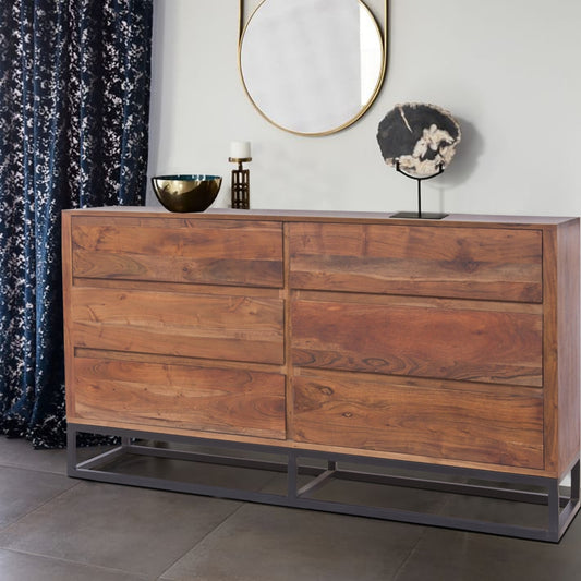 Modern Acacia Wood Dresser or Display Unit With Metal Base, Walnut Brown and Black By Casagear Home