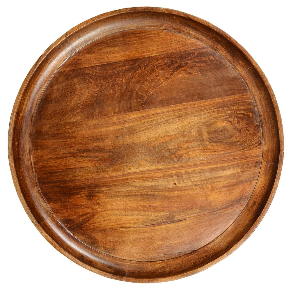 Gia Handcrafted Round Mango Wood  Coffee Table with Tray Top,  Dark Walnut Brown, Black Iron Legs By The Urban Port
