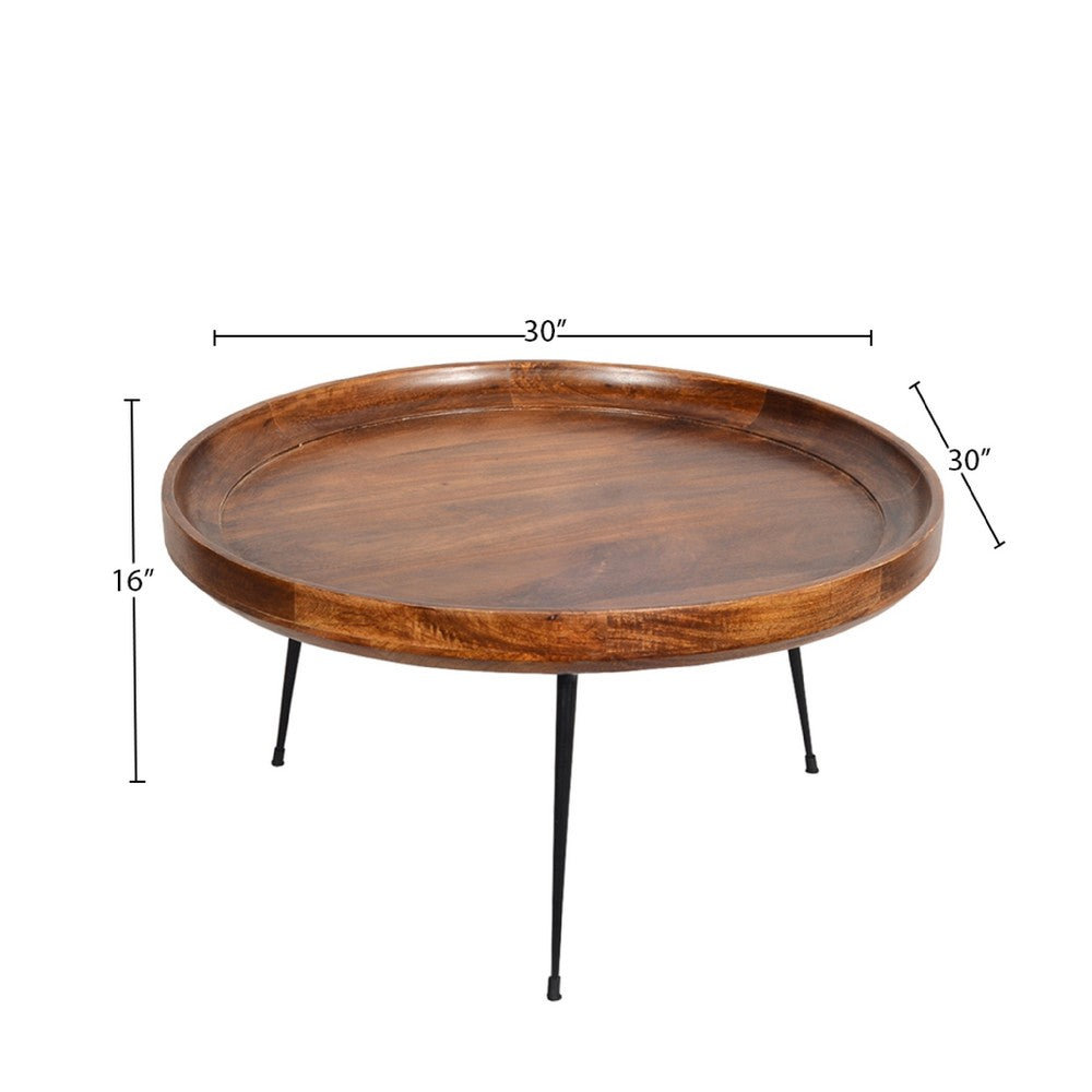 Gia Handcrafted Round Mango Wood  Coffee Table with Tray Top,  Dark Walnut Brown, Black Iron Legs By The Urban Port