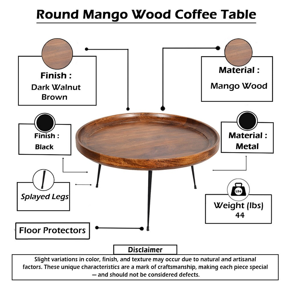 Gia Handcrafted Round Mango Wood  Coffee Table with Tray Top,  Dark Walnut Brown, Black Iron Legs By The Urban Port