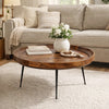 Gia Handcrafted Round Mango Wood  Coffee Table with Tray Top,  Dark Walnut Brown, Black Iron Legs By The Urban Port