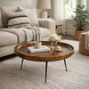 Gia Handcrafted Round Mango Wood  Coffee Table with Tray Top,  Dark Walnut Brown, Black Iron Legs By The Urban Port