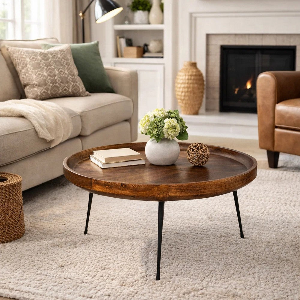 Gia Handcrafted Round Mango Wood  Coffee Table with Tray Top,  Dark Walnut Brown, Black Iron Legs By The Urban Port