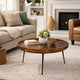 Gia Handcrafted Round Mango Wood  Coffee Table with Tray Top,  Dark Walnut Brown, Black Iron Legs By The Urban Port