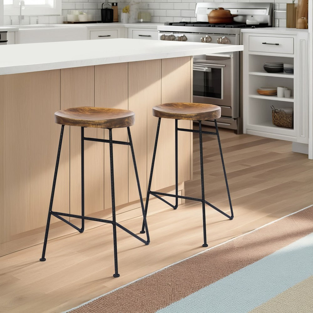 Jael 28 Inch Bar Stool with Mango Wood Saddle Seat Iron Rod Legs Brown and Black By The Urban Port UPT-183797