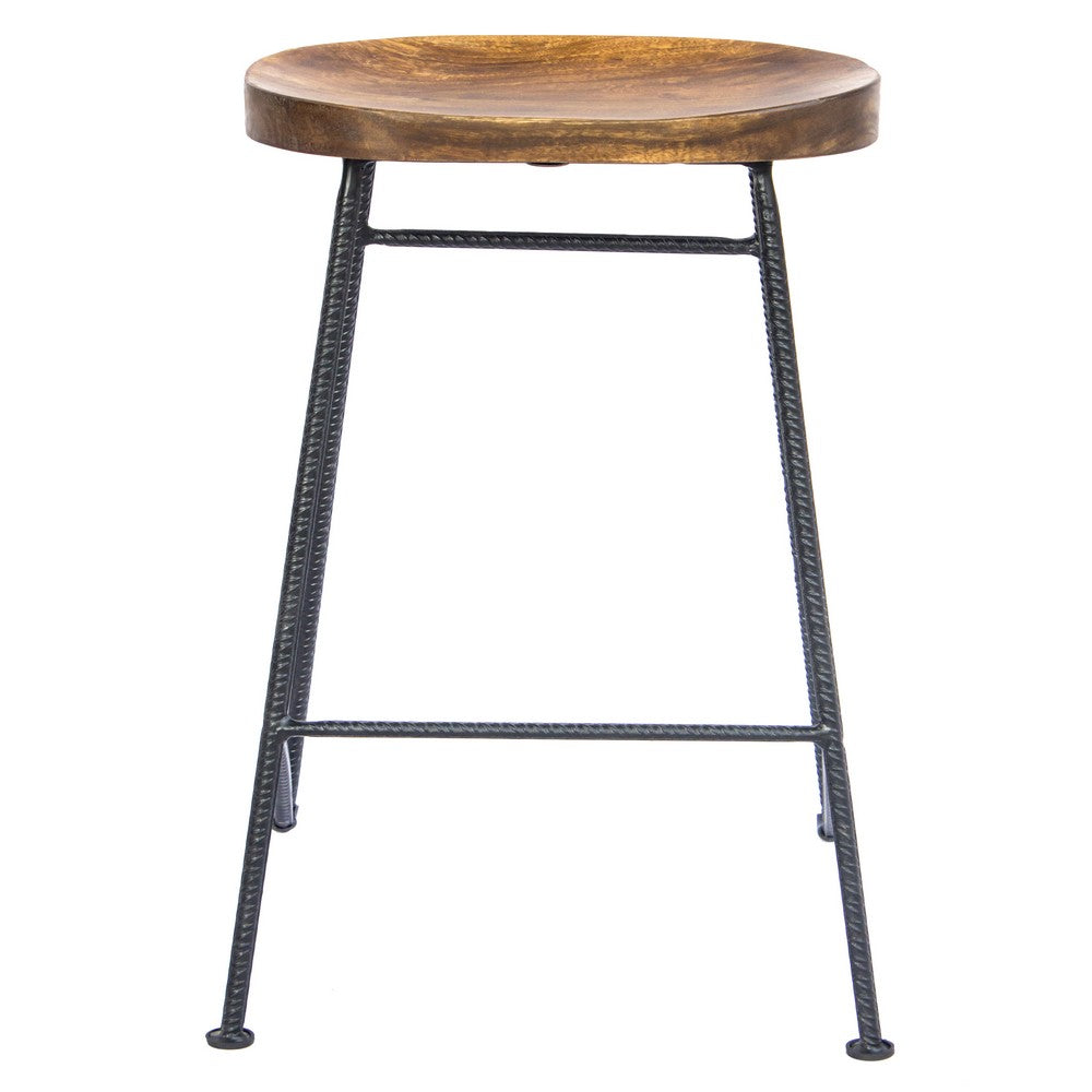Jael 28 Inch Bar Stool with Mango Wood Saddle Seat Iron Rod Legs Brown and Black By The Urban Port UPT-183797