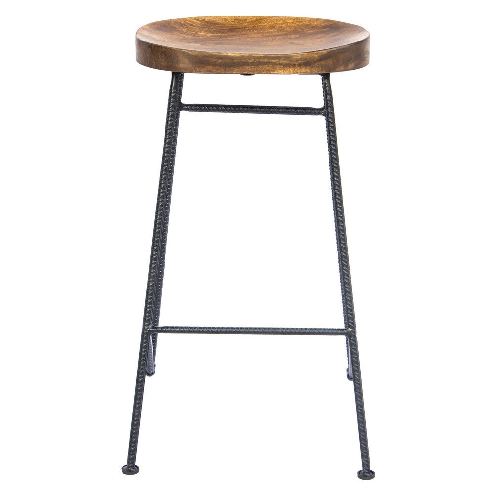 Jael 28 Inch Bar Stool with Mango Wood Saddle Seat Iron Rod Legs Brown and Black The Urban Port UPT-183797