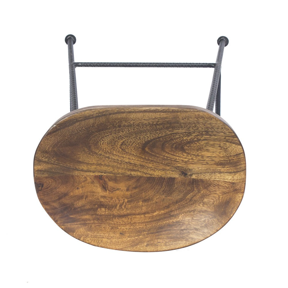 Jael 28 Inch Bar Stool with Mango Wood Saddle Seat Iron Rod Legs Brown and Black By The Urban Port UPT-183797