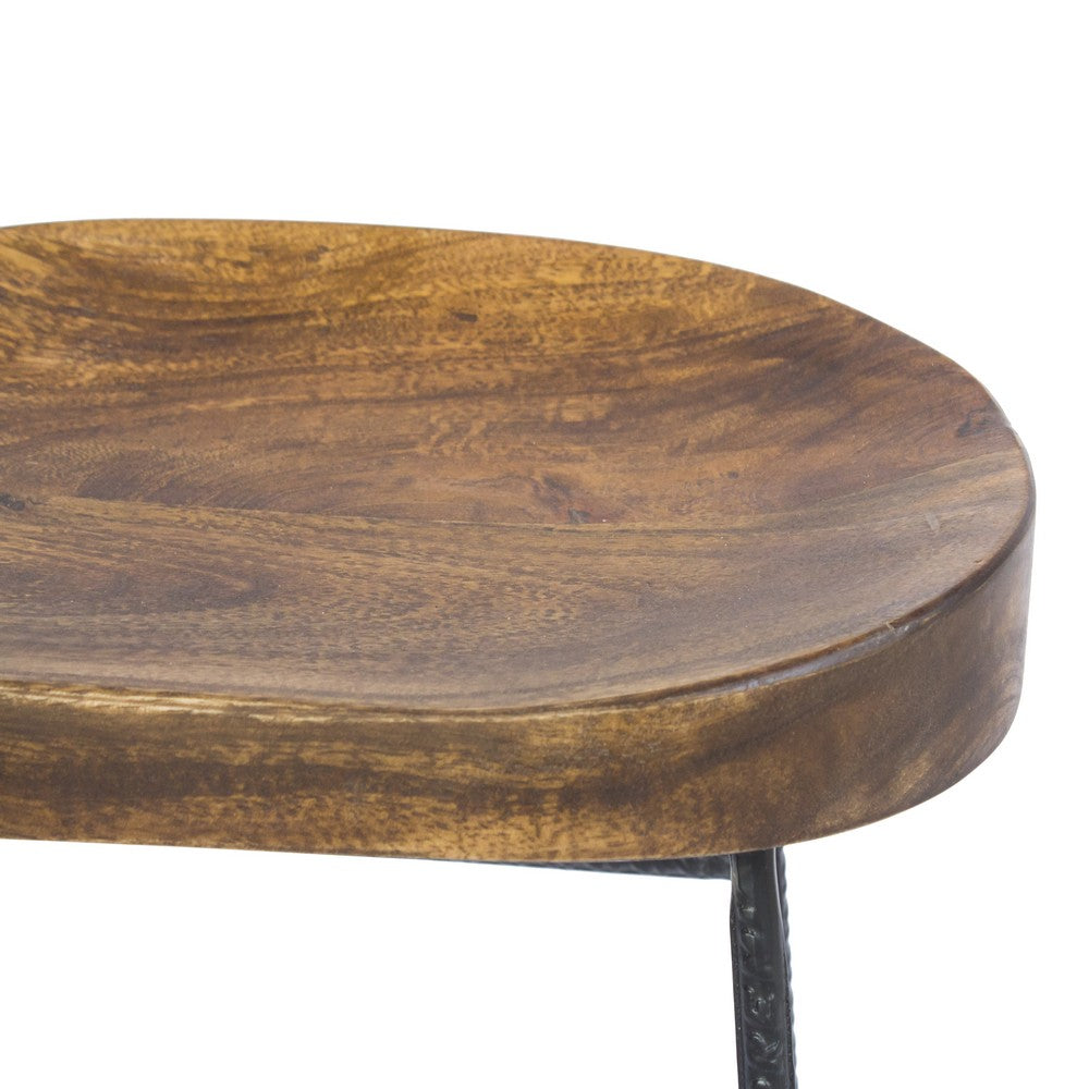 Jael 28 Inch Bar Stool with Mango Wood Saddle Seat Iron Rod Legs Brown and Black By The Urban Port UPT-183797