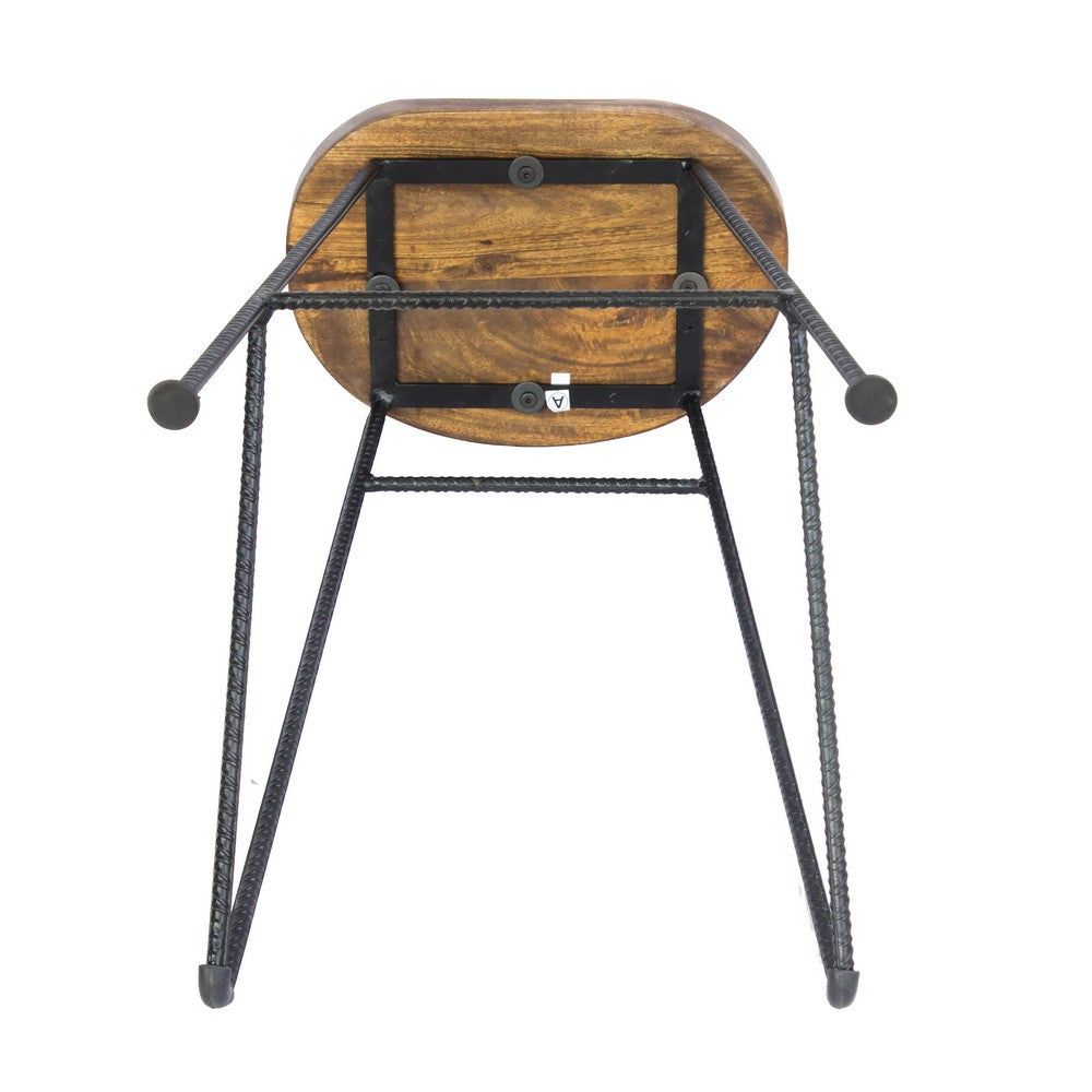 Jael 28 Inch Bar Stool with Mango Wood Saddle Seat Iron Rod Legs Brown and Black By The Urban Port UPT-183797
