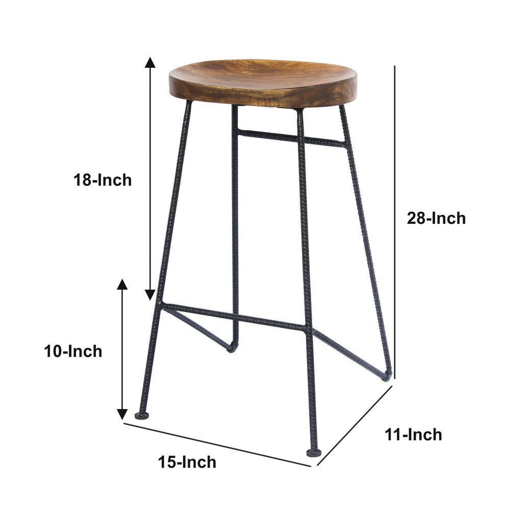 Jael 28 Inch Bar Stool with Mango Wood Saddle Seat Iron Rod Legs Brown and Black By The Urban Port UPT-183797