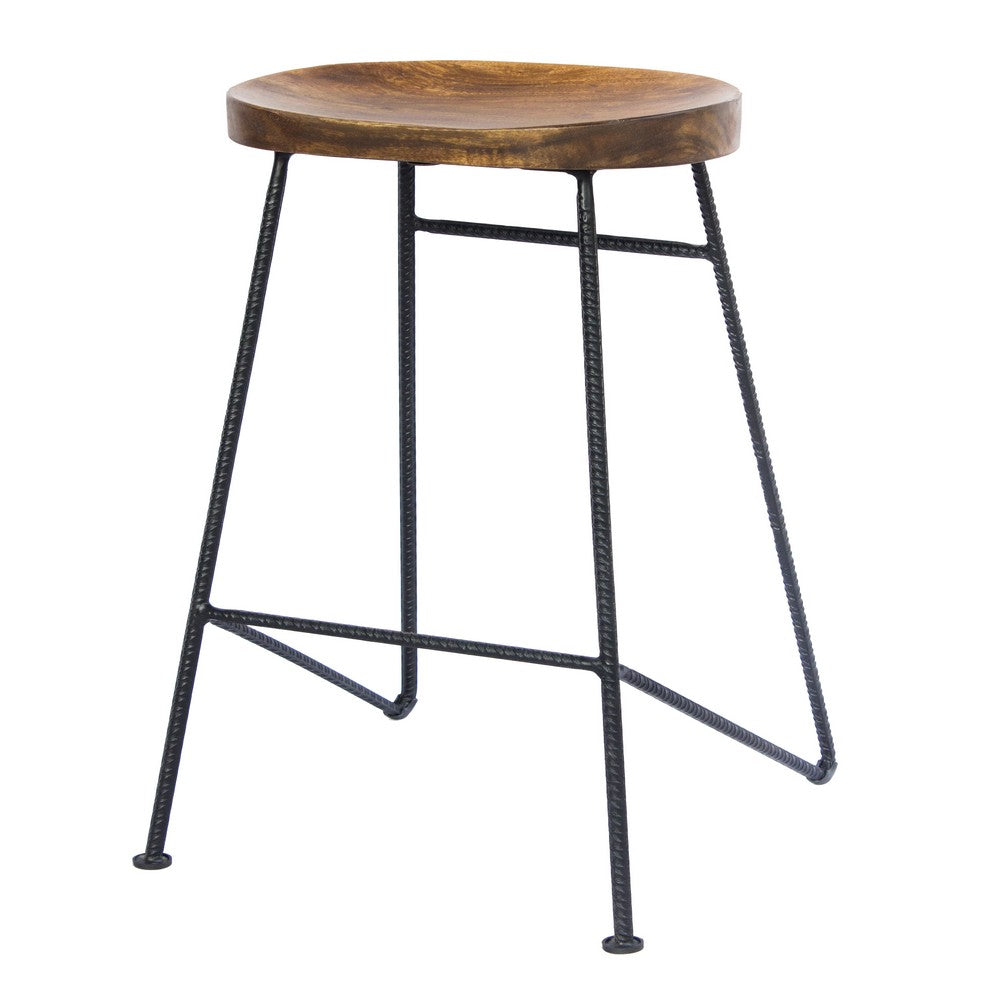 Jael 28 Inch Bar Stool with Mango Wood Saddle Seat Iron Rod Legs Brown and Black By The Urban Port UPT-183797