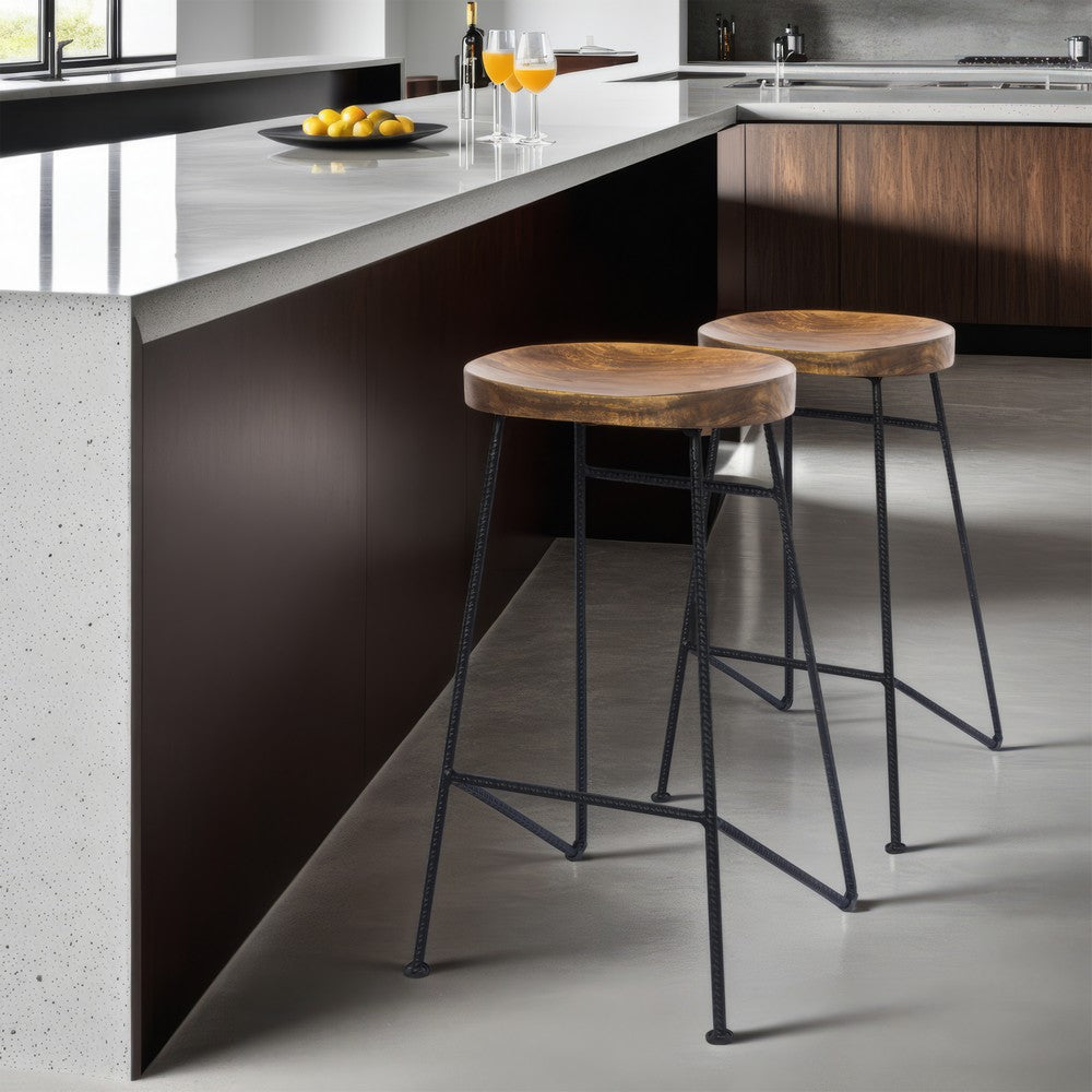 Jael 28 Inch Bar Stool with Mango Wood Saddle Seat, Iron Rod Legs, Brown and Black By The Urban Port