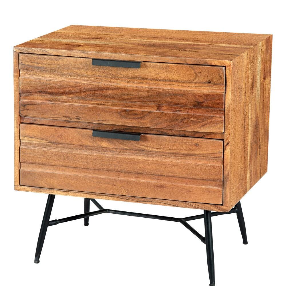 2 Drawer Wooden Nightstand with Metal Angled Legs, Black and Brown By The Urban Port