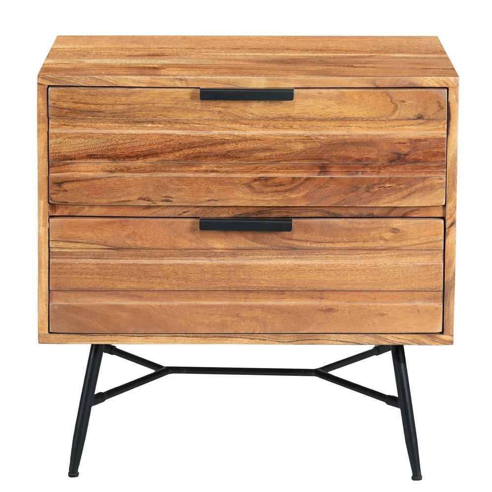 2 Drawer Wooden Nightstand with Metal Angled Legs, Black and Brown By The Urban Port
