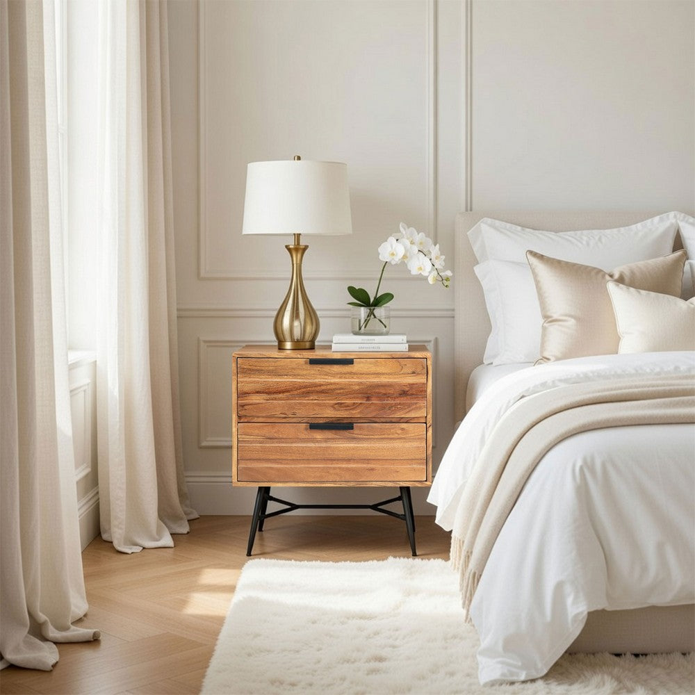 2 Drawer Wooden Nightstand with Metal Angled Legs, Black and Brown By The Urban Port