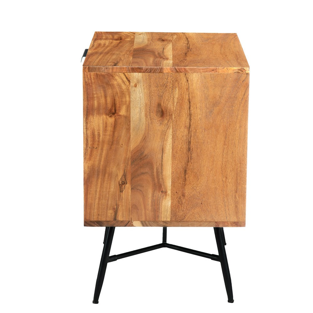 2 Drawer Wooden Nightstand with Metal Angled Legs, Black and Brown By The Urban Port