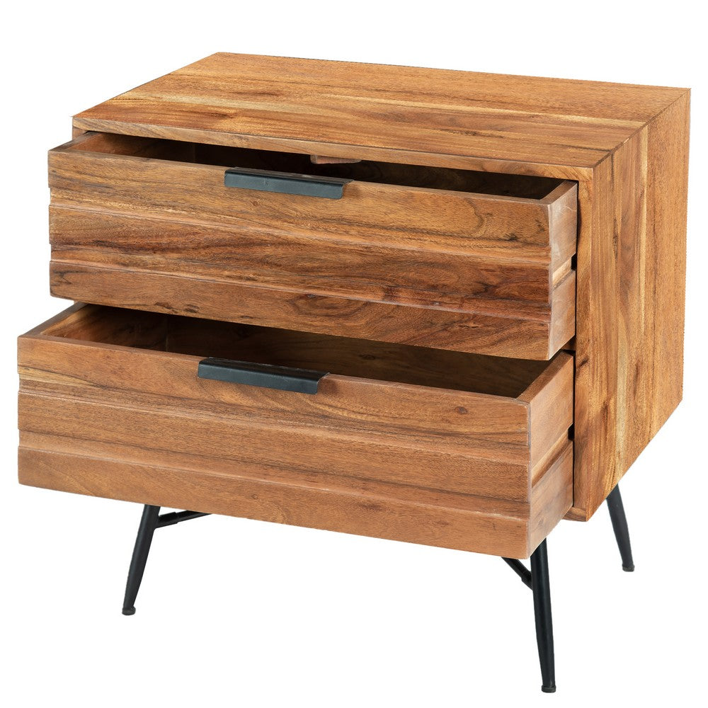 2 Drawer Wooden Nightstand with Metal Angled Legs, Black and Brown By The Urban Port