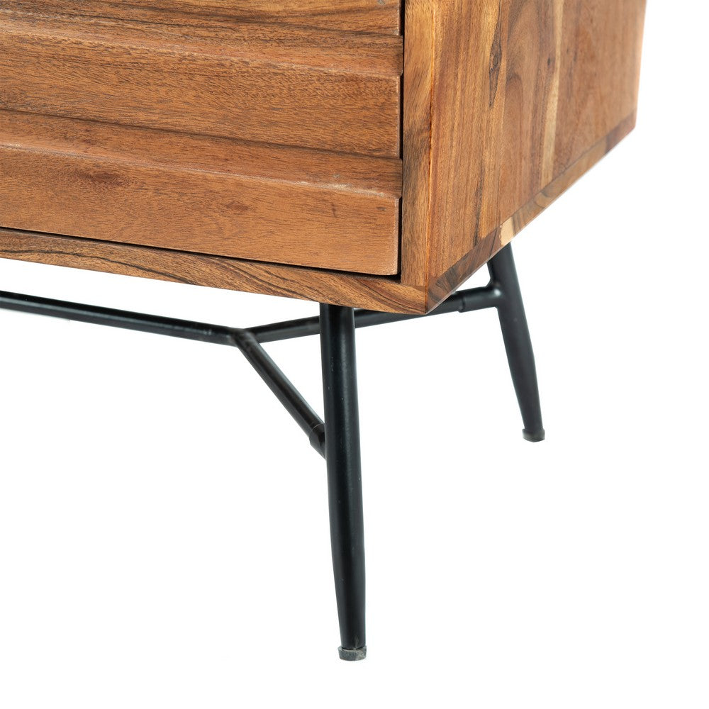 2 Drawer Wooden Nightstand with Metal Angled Legs, Black and Brown By The Urban Port