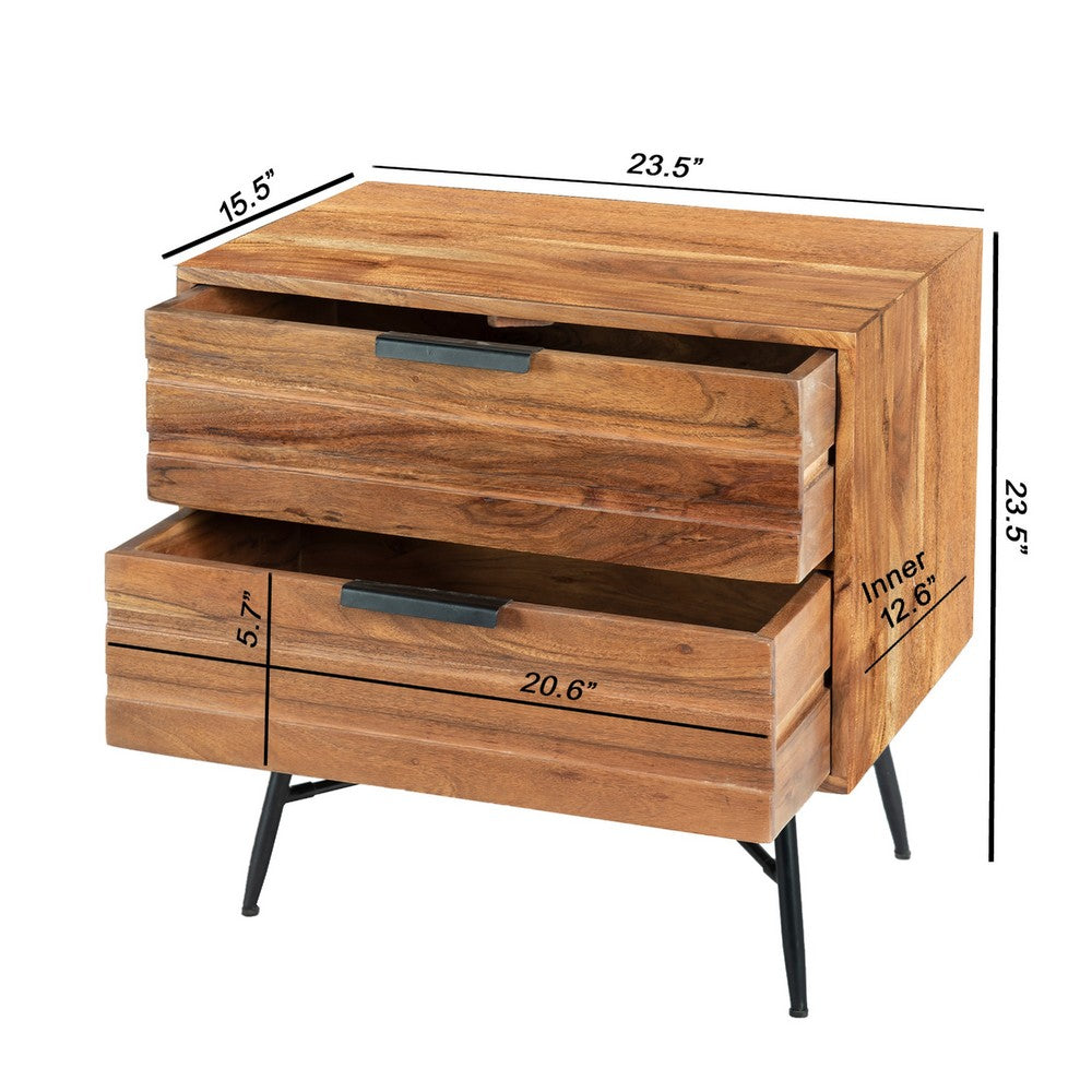 2 Drawer Wooden Nightstand with Metal Angled Legs, Black and Brown By The Urban Port