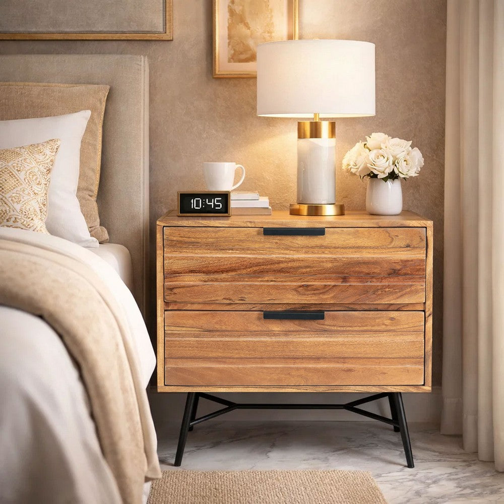2 Drawer Wooden Nightstand with Metal Angled Legs, Black and Brown By The Urban Port