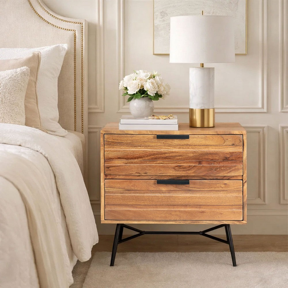 2 Drawer Wooden Nightstand with Metal Angled Legs, Black and Brown By The Urban Port