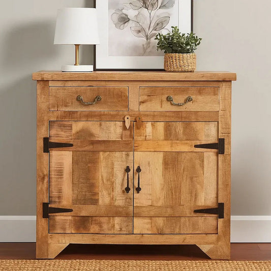 39 Inch Artisanal Farmhouse Style 2 Drawer Mango Wood Cabinet Console with 2 Door Storage, Rustic Brown By The Urban Port