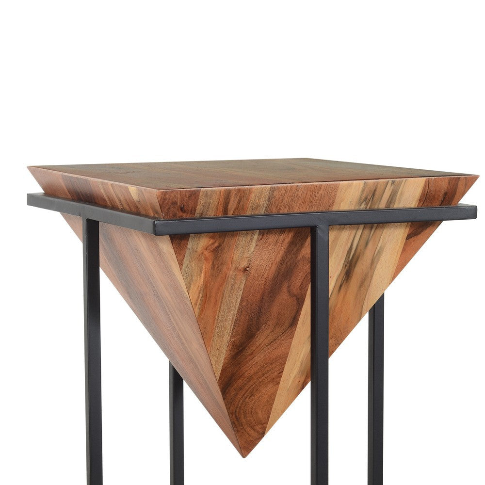 Ida 30 Inch Pyramid Shape Acacia Wood Side Table With Cross Iron Base Brown and Black By The Urban Port UPT-197870