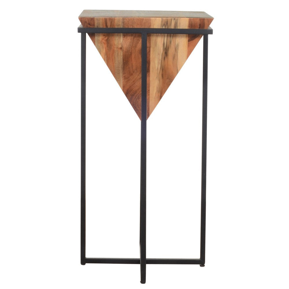 Ida 30 Inch Pyramid Shape Acacia Wood Side Table With Cross Iron Base Brown and Black By The Urban Port UPT-197870