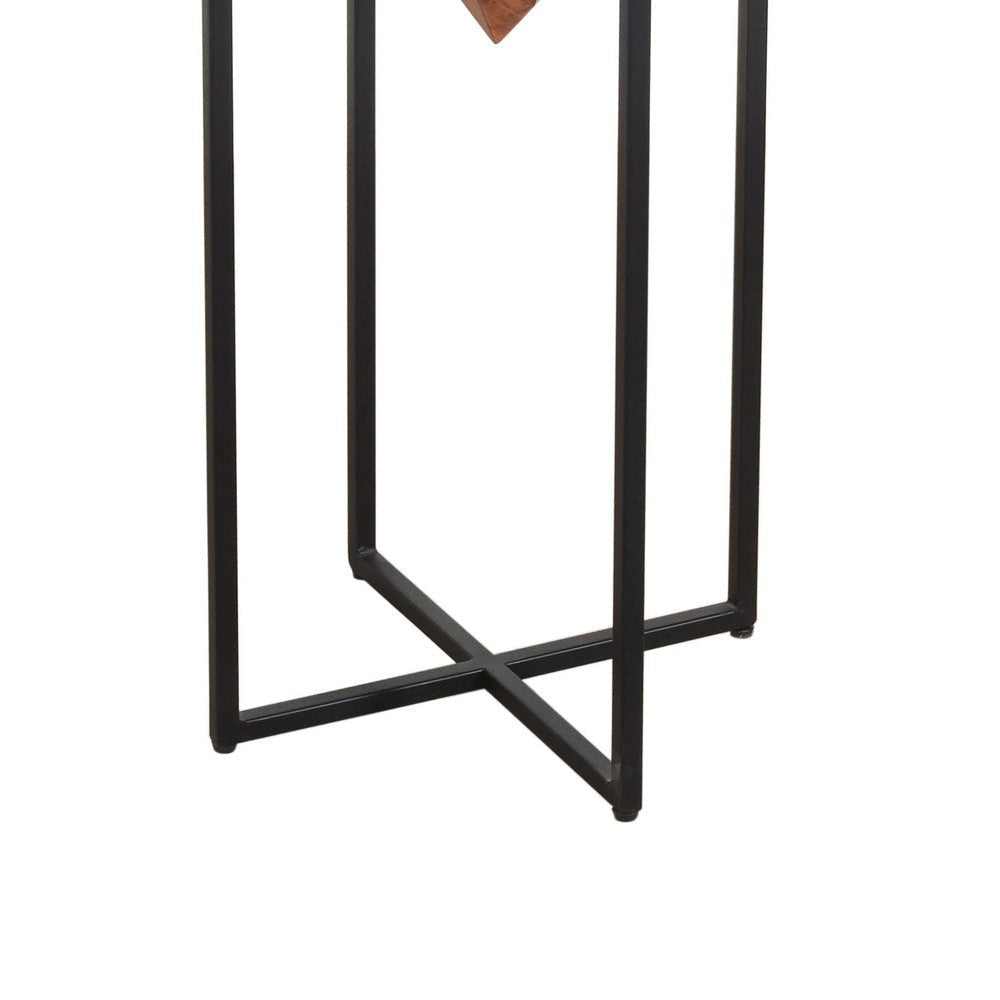 Ida 30 Inch Pyramid Shape Acacia Wood Side Table With Cross Iron Base Brown and Black By The Urban Port UPT-197870