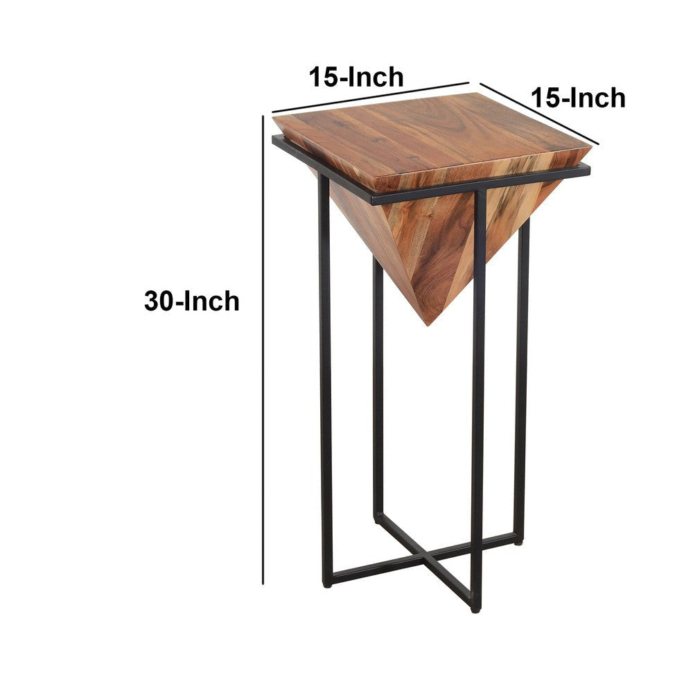 Ida 30 Inch Pyramid Shape Acacia Wood Side Table With Cross Iron Base Brown and Black By The Urban Port UPT-197870