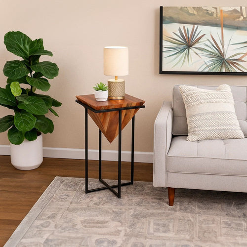 Ida 30 Inch Pyramid Shape Acacia Wood Side Table With Cross Iron Base, Brown and Black By The Urban Port