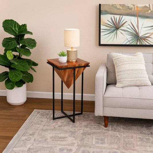 Ida 30 Inch Pyramid Shape Acacia Wood Side Table With Cross Iron Base, Brown and Black By The Urban Port