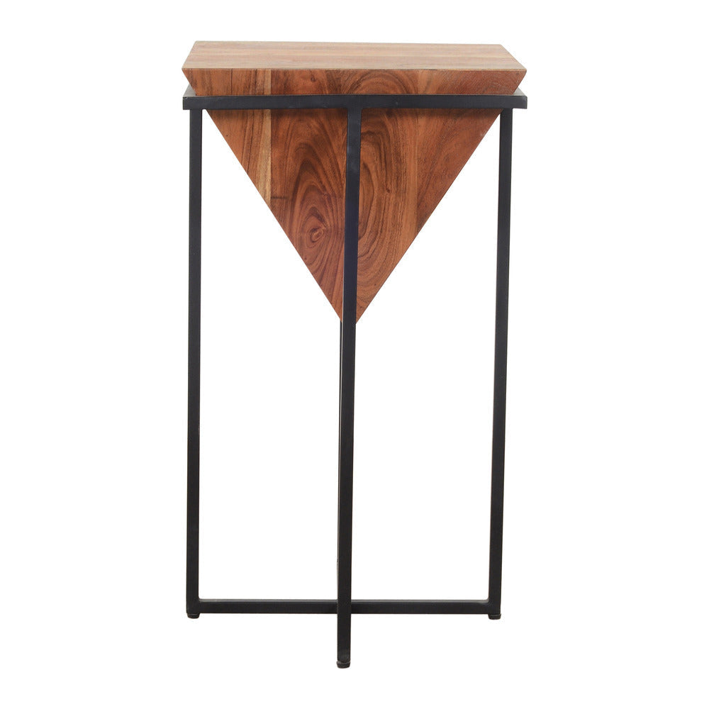 Ida 26 Inch Pyramid Shape Acacia Wood Side Table With Cross Iron Base Brown and Black By The Urban Port UPT-199996