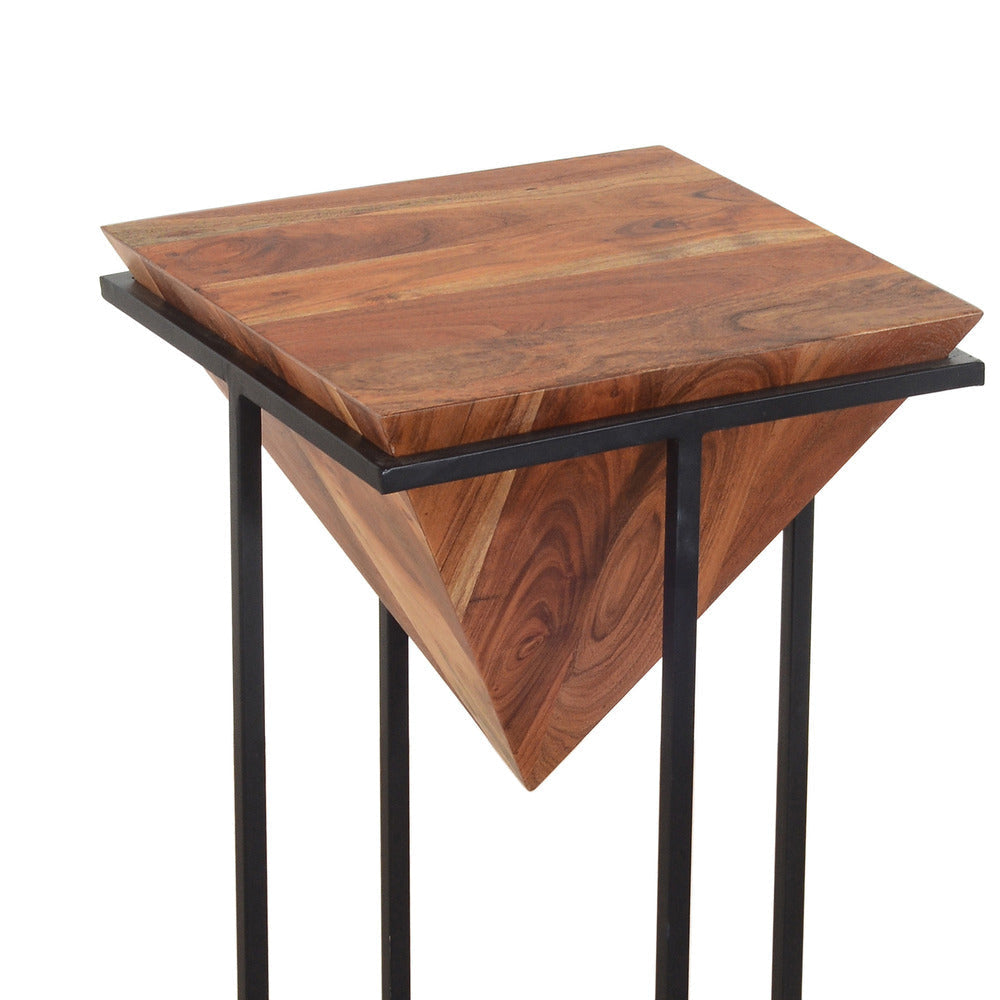 Ida 26 Inch Pyramid Shape Acacia Wood Side Table With Cross Iron Base Brown and Black By The Urban Port UPT-199996