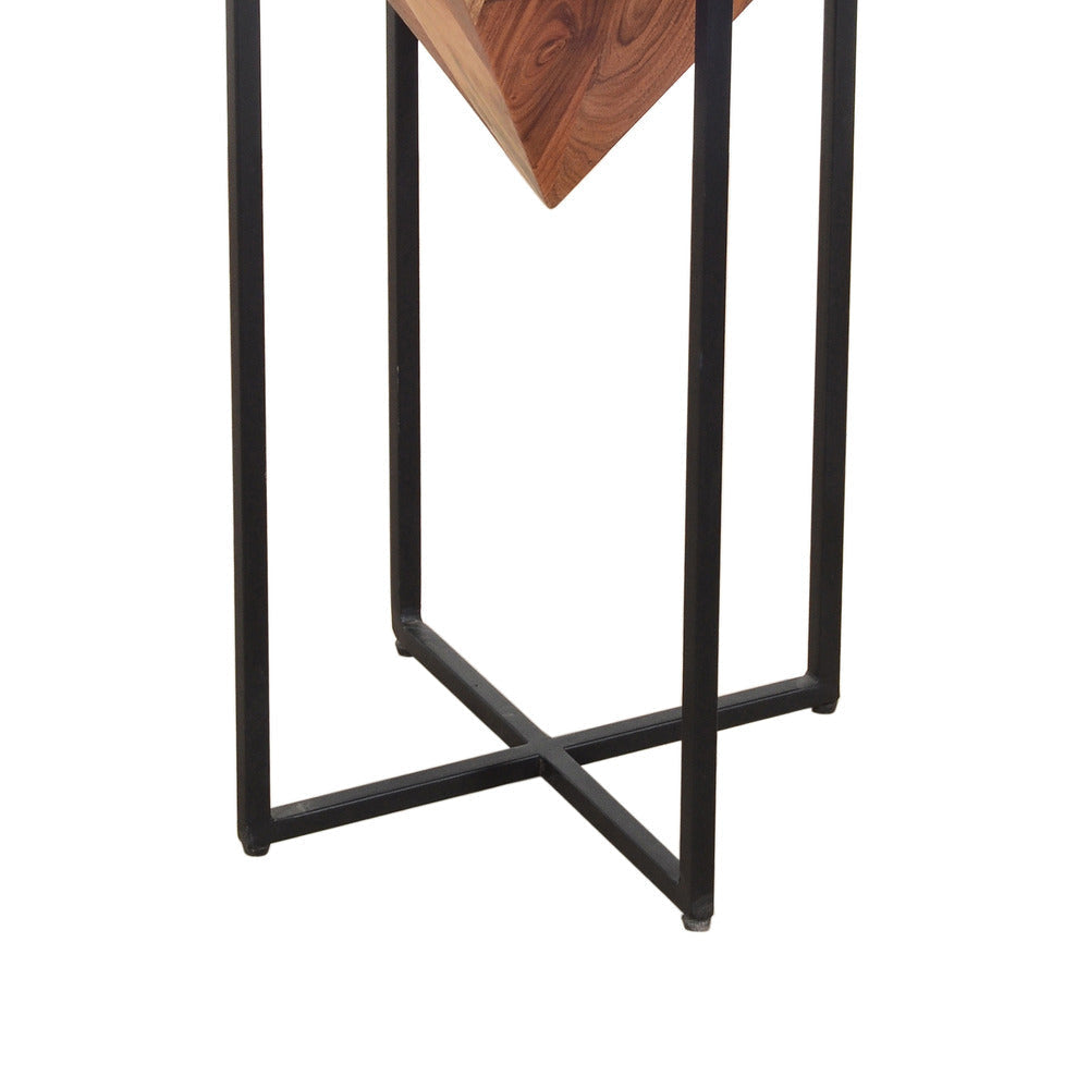Ida 26 Inch Pyramid Shape Acacia Wood Side Table With Cross Iron Base Brown and Black By The Urban Port UPT-199996