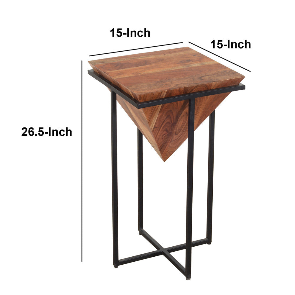 Ida 26 Inch Pyramid Shape Acacia Wood Side Table With Cross Iron Base Brown and Black By The Urban Port UPT-199996