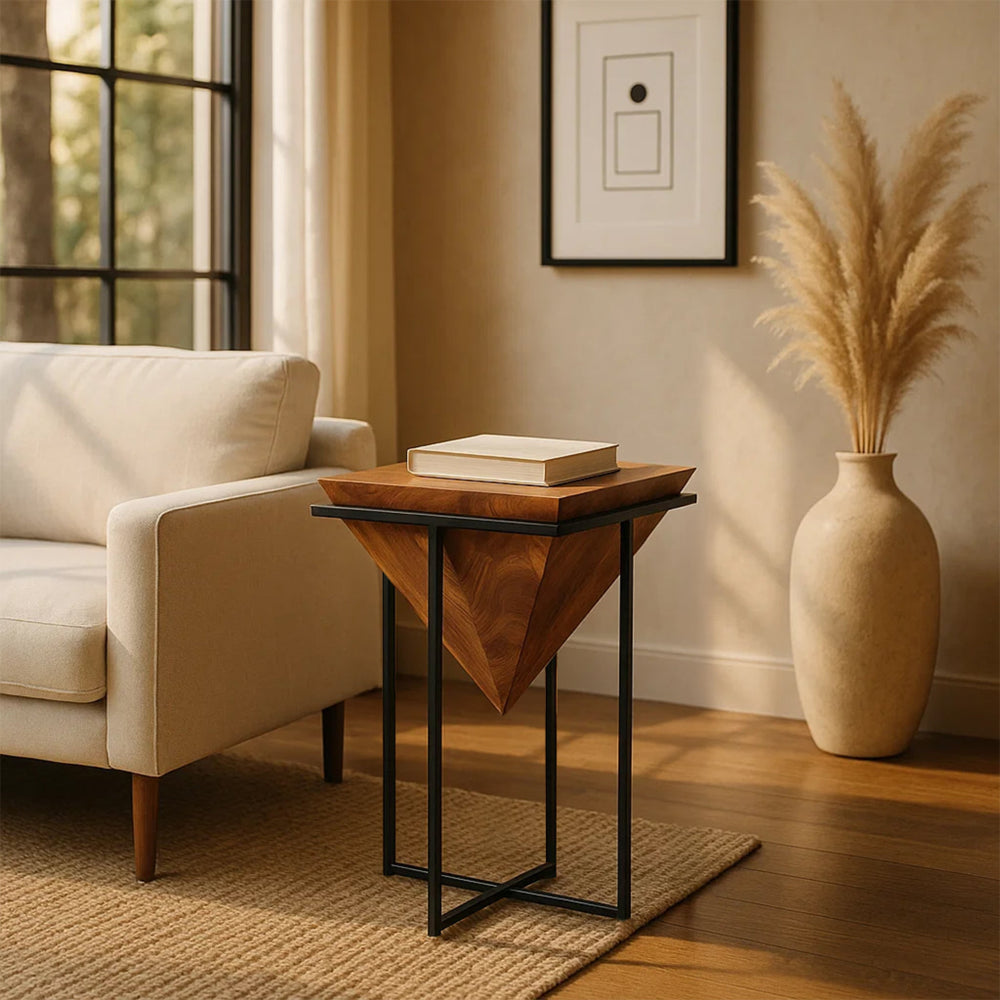 Ida 26 Inch Pyramid Shape Acacia Wood Side Table With Cross Iron Base, Brown and Black By The Urban Port