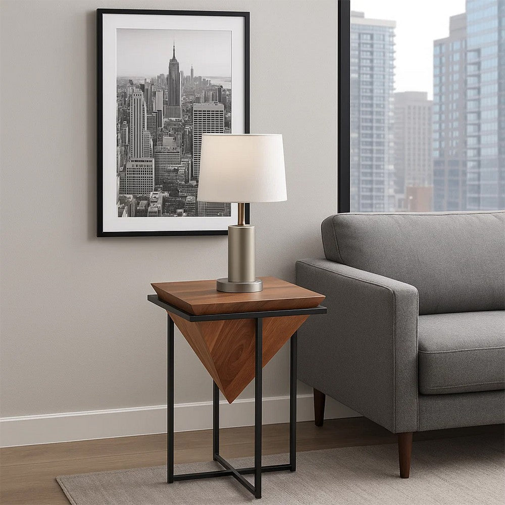 Ida 26 Inch Pyramid Shape Acacia Wood Side Table With Cross Iron Base Brown and Black By The Urban Port UPT-199996