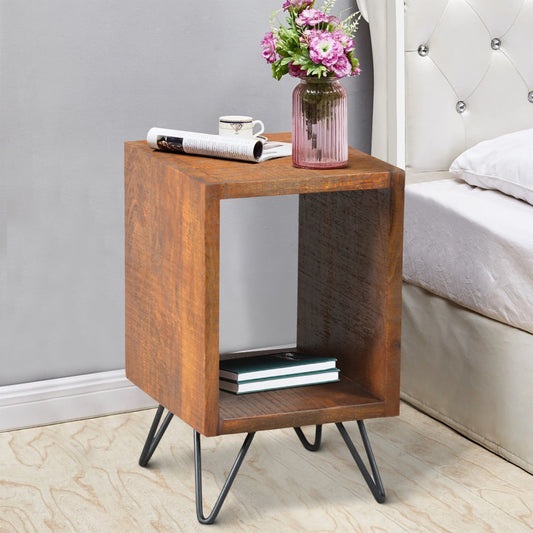 22 Inch Textured Cube Shape Wooden Nightstand with Angular Legs Brown and Black By The Urban Port UPT-204787