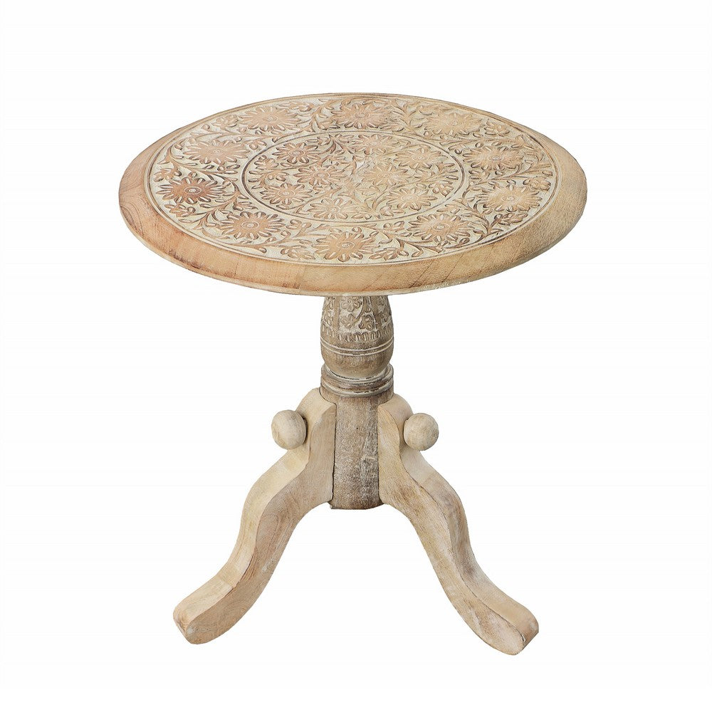 Intricately Carved Round Top Mango Wood Side End Table with Pedestal Base, Brown and White By The Urban Port