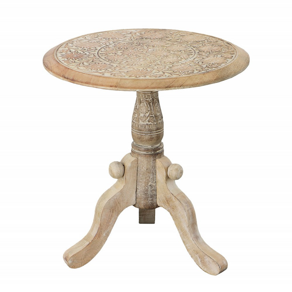 Intricately Carved Round Top Mango Wood Side End Table with Pedestal Base, Brown and White By The Urban Port