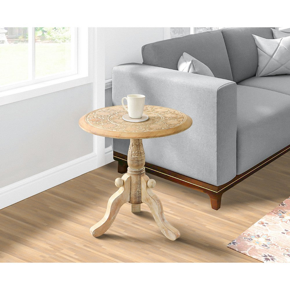 Intricately Carved Round Top Mango Wood Side End Table with Pedestal Base, Brown and White By The Urban Port